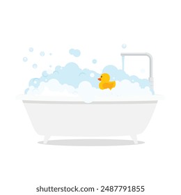 Bathing and relaxing concept. Bath full of foam with bubbles and yellow rubber duck. Bathroom. Vector illustration