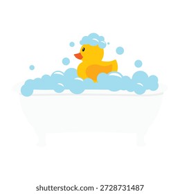 Conceito de banho e relaxamento. Banho cheio de espuma com bolhas e pato de borracha amarelo. Banheiro. Ilustração vetorial