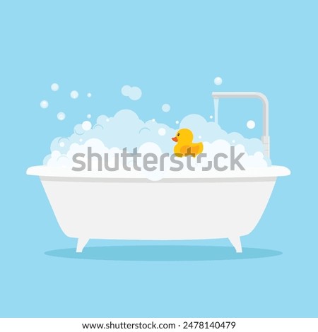 Bathing and relaxing concept. Bath full of foam with bubbles and yellow rubber duck. Bathroom. Vector illustration