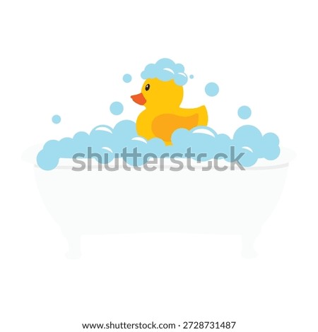 Bathing and relaxing concept. Bath full of foam with bubbles and yellow rubber duck. Bathroom. Vector illustration