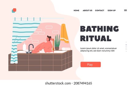 Plantilla de la página de aterrizaje ritual de baño. Cuerpo de posavasos con jabón sentado en la bañera. Higiene Del Baño De Personajes Masculinos Felices Desnudos, Procedimiento De Lavado, Ducha De La Persona. Ilustración del vector de dibujos animados