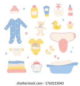 Bathing and sleeping items for the newborn. Toys, clothes, children's cosmetics