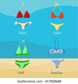 Bathing suit  Swimming suits Summer vacation, design elements vector Bikini silhouette set Beach time Different swimsuit