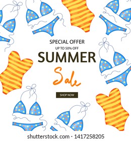 Bathing suits and template lettering about summer discounts and sales. - Shutterstock ID 1417258205