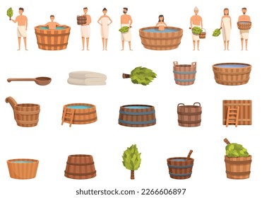 Bathing in Vat icons set cartoon vector. Wooden tub. Bath wood