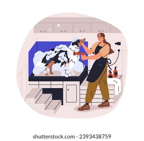 Bathing, washing dogs hair with canine shampoo, soap in grooming salon. Cleaning doggy fur, coat with water shower. Groomer and pets hygiene. Flat vector illustration isolated on white background