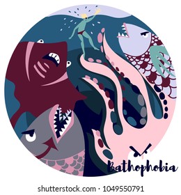 Bathophobia vector illustration with violet colors. Picture is about the most common phobia. The fear of volumes with large depths such as stairways and deep caves. 