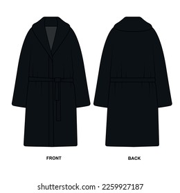 Bathrobe black color drawing vector. Sketch clothes for home and relaxation. Bathrobe front and back view template for design, vector. Basic gown outline drawing.