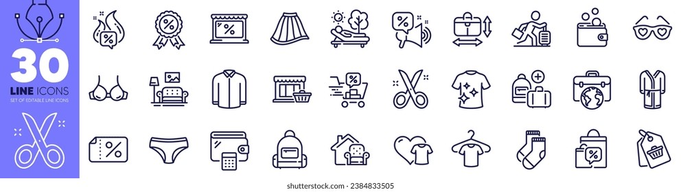 Bathrobe, Bra and Wallet line icons pack. Wallet money, T-shirt, Panties web icon. Discount medal, Add handbag, Scissors pictogram. Sale tag, Furniture moving, Discounts offer. Hot offer. Vector