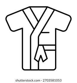 Icono de línea delgada de tela de albornoz, concepto de masaje de spa. Gráficos de Vector. Ropa de la ducha, signo del tiempo del baño en el fondo blanco, icono del estilo del contorno para el móvil o el Diseño web