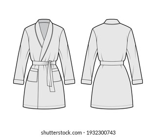 Bathrobe Dressing gown technical fashion illustration with wrap opening, mini length, oversized, tie, pocket, long sleeves. Flat garment front back, grey color style. Women, men unisex CAD mockup
