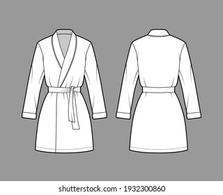 Bathrobe Dressing gown technical fashion illustration with wrap opening, mini length, oversized, tie, long sleeves. Flat garment apparel front back, white color style. Women, men unisex CAD mockup