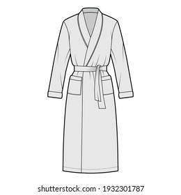 Bathrobe Dressing technische Modegrafik mit Wrap-Öffnung, Knie-Länge, übergroß, Krawatte, Tasche, langen Ärmeln. Flaches Kleidungsstück vorne, grauer Farbstil. Frauen, Männer ohne Ex-CAD-Modell