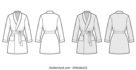 Bathrobe Dressing gown technical fashion illustration with wrap opening, mini length, oversized, pocket, long sleeves. Flat garment front back, white, grey color style. Women, men unisex CAD mockup