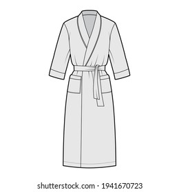 Bathrobe Dressing gown technical fashion illustration with wrap opening, knee length, oversized, tie, pocket, elbow sleeves. Flat apparel front, grey color style. Women, men, unisex CAD mockup