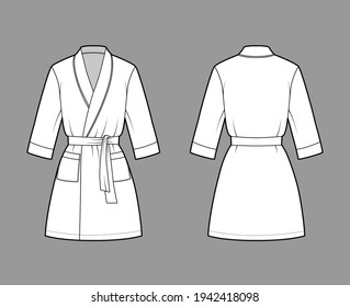 Bathrobe Dressing gown technical fashion illustration with wrap opening, mini length, oversized, tie, pocket, elbow sleeves. Flat apparel front back, white color style. Women, men, unisex CAD mockup