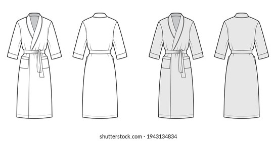 Bathrobe Dressing gown technical fashion illustration with wrap opening, knee length, oversized, tie, elbow sleeves. Flat apparel front back, white, grey color style. Women, men, unisex CAD mockup