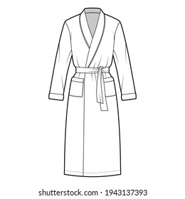 Bathrobe Dressing gown technical fashion illustration with wrap opening, knee length, oversized, tie, pocket, long sleeves. Flat garment front, white color style. Women, men unisex CAD mockup