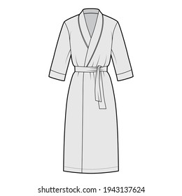 Bathrobe Dressing gown technical fashion illustration with wrap opening, knee length, oversized, tie, elbow sleeves. Flat apparel garment front, grey color style. Women, men unisex CAD mockup