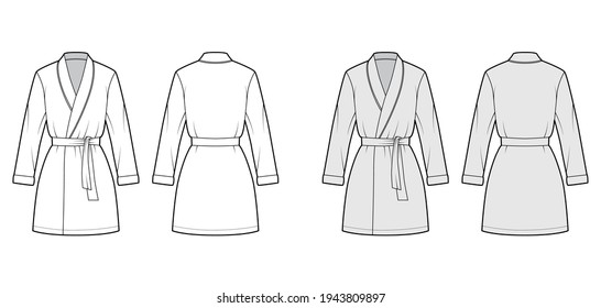 Bathrobe Dressing gown technical fashion illustration with wrap opening, mini length, oversized, tie, long sleeves. Flat garment apparel front back, white, grey color. Women, men unisex CAD mockup