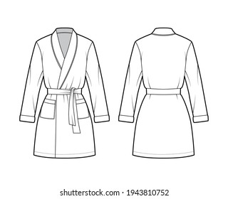 Bathrobe Dressing gown technical fashion illustration with wrap opening, mini length, oversized, tie, pocket, long sleeves. Flat garment front back, white color style. Women, men unisex CAD mockup