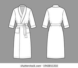 Bathrobe Dressing gown technical fashion illustration with wrap opening, knee length, oversized, tie, pocket, elbow sleeves. Flat apparel front back, white color style. Women, men, unisex CAD mockup