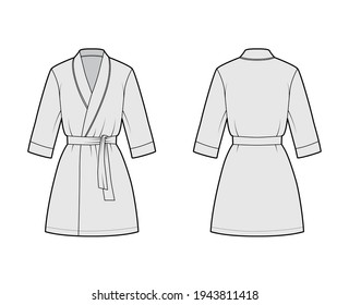 Bathrobe Dressing gown technical fashion illustration with wrap opening, mini length, oversized, tie, elbow sleeves. Flat apparel garment front back, grey color style. Women, men unisex CAD mockup
