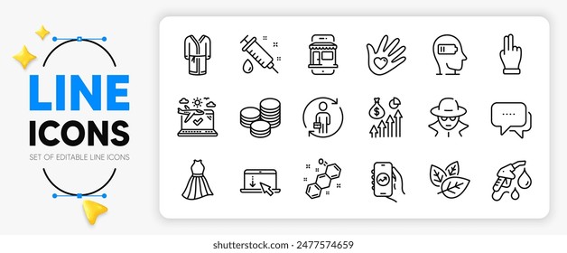 Bathrobe, Financial app and Scroll down line icons set for app include Social responsibility, Replacement, Salary outline thin icon. Chemical formula, Marketplace, Fraud pictogram icon. Vector