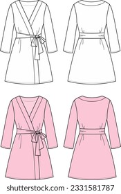 Bathrobe flat sketch. Dressing gown apparel design. Front and back. Women CAD mockup. Fashion technical drawing template. Vector illustration.