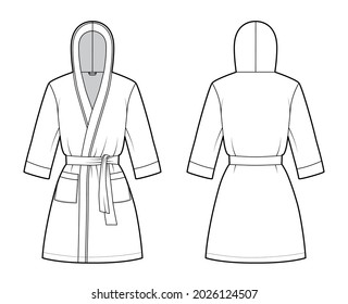 Bathrobe hooded Dressing gown technical fashion illustration with wrap opening, mini length, oversized, tie, pocket, elbow sleeves. Flat front, back white color style. Women men unisex CAD mockup
