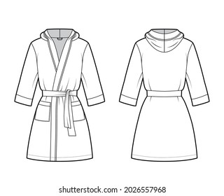 Bathrobe hooded Dressing gown technical fashion illustration with wrap opening, mini length, oversized, tie, pocket, elbow sleeves. Flat front, back white color style. Women men unisex CAD mockup