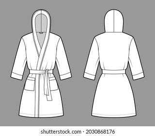 Bathrobe hooded Dressing gown technical fashion illustration with wrap opening, mini length, oversized, tie, pocket, elbow sleeves. Flat front, back white color style. Women men unisex CAD mockup