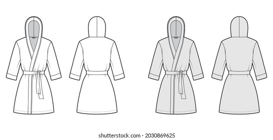 Bathrobe hooded Dressing gown technical fashion illustration with wrap opening, mini length, oversized, tie, elbow sleeves. Flat garment front, back white grey color style. Women men unisex CAD mockup