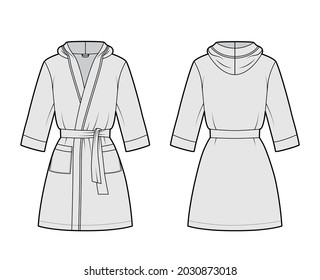 Ilustración de moda técnica de traje de vestir con capucha de aderezo con abertura de envoltura, mini longitud, sobretamaño, corbata, bolsillo, mangas codo. Delantera plana, atrás, color gris. Hombres mujeres unisex maquillaje CAD