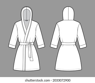 Bathrobe hooded Dressing gown technical fashion illustration with wrap opening, mini length, oversized, tie, elbow sleeves. Flat front, back white, grey color style. Women men unisex CAD mockup