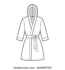 Bathrobe hooded Dressing gown technical fashion illustration with wrap opening, mini length, oversized, tie, elbow sleeves. Flat garment front white color style. Women men unisex CAD mockup