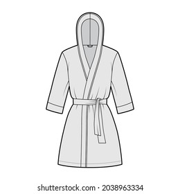 Bathrobe hooded Dressing gown technical fashion illustration with wrap opening, mini length, oversized, tie, elbow sleeves. Flat apparel garment front, grey color style. Women men unisex CAD mockup