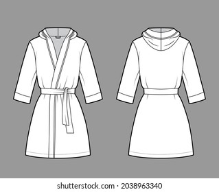 Bathrobe gehoodet Dressing Gown technische Mode Illustration mit Wrap Öffnung, Mini-Länge, überdimensioniert, Krawatte, Ellenbogen-Ärmel. Flache Bekleidungsfront, weißer Hintergrund. Frauen ohne Ex-CAD-Modell