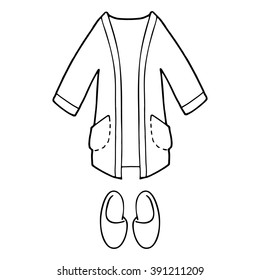 Bathrobe and slippers, comfortable home clothes, contour drawing on a white background.