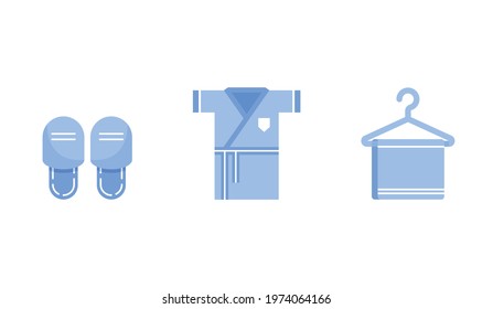 Bathrobe with slippers and towel in flat flat design set icon. Spa hotel service vector illustration. Isolated on white background. Blue color