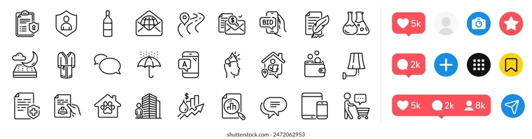 Bathrobe, Technical documentation and Ab testing line icons pack. Social media icons. Feather signature, Security, Wall lamp web icon. Brand ambassador, Bid offer, Accounting report pictogram. Vector