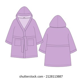 Bathrobe technical sketch. Hooded bathrobe. Lilac color. Flat garment apparel template. Front and back views. Front and back. CAD fashion vector illustration
