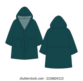 Technische Skizze Bathrobe. Hooded Bademantel mit Tasche und Gürtel. Grüne Farbe. Flaches Bekleidungsschablone. Vorder- und Rückseite. Vorn und hinten. CAD-Modevektorgrafik