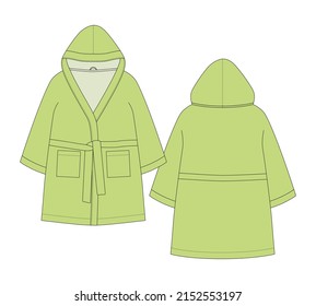 Bathrobe technical sketch. Hooded bathrobe with pocket and belt. Light green color. Flat garment apparel template. Front and back views. Front and back. CAD fashion vector illustration
