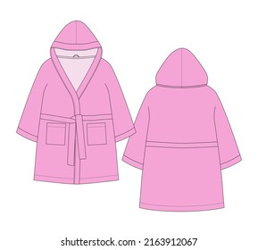 Bathrobe technical sketch. Hooded bathrobe with pocket and belt. Pink color. Flat garment apparel template. Front and back views. Front and back. CAD fashion vector illustration