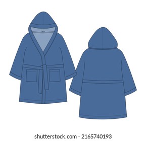 Bathrobe technical sketch. Hooded bathrobe with pocket and belt. Dark blue color. Flat garment apparel template. Front and back views. Front and back. CAD fashion vector illustration