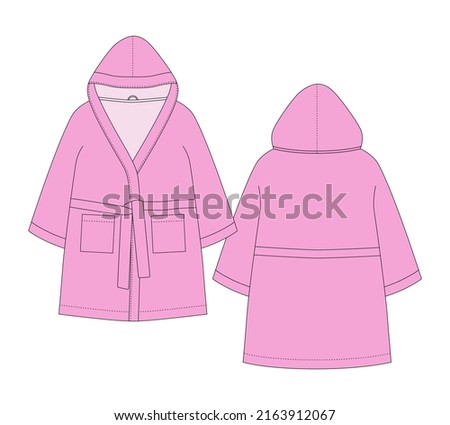 Bathrobe technical sketch. Hooded bathrobe with pocket and belt. Pink color. Flat garment apparel template. Front and back views. Front and back. CAD fashion vector illustration