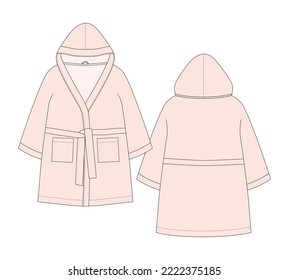 Bathrobe technical sketch. Light peach pink color. Hooded bathrobe with pocket and belt. Flat garment apparel template. Front and back. CAD fashion vector illustration