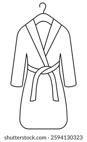 Bathrobe. Terry robe with a turned-up collar hangs on hangers. Sketch. Vector illustration. Outline on an isolated white background. Doodle style. One-piece robe for putting on after taking a bath. 