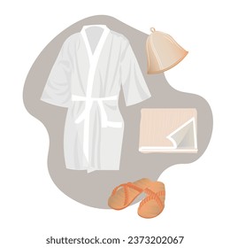 Bathrobe, towel, hat and flip-flops for sauna on white backgroun